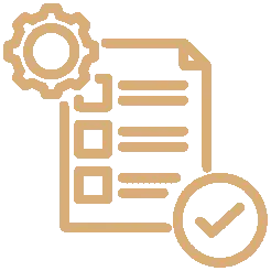 Icon of a checklist with a gear and checkmark.